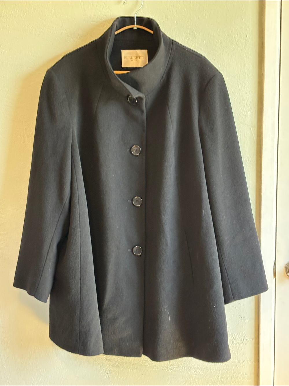 FLEURETTE Women's Black Stand-Collar 100% Wool Swing Coat 22